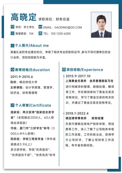 财务总监岗位简约商务风求职简历