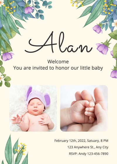 Simple Hand Painted Green Leaves Decorate Baby shower invitation letter