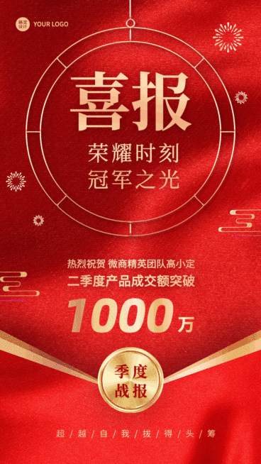 喜报贺报业绩激励红金动态海报预览效果