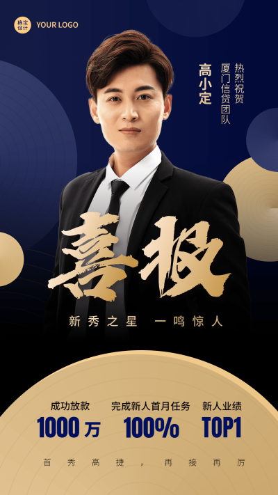 金融贷款业绩表彰喜报商务风人物手机海报