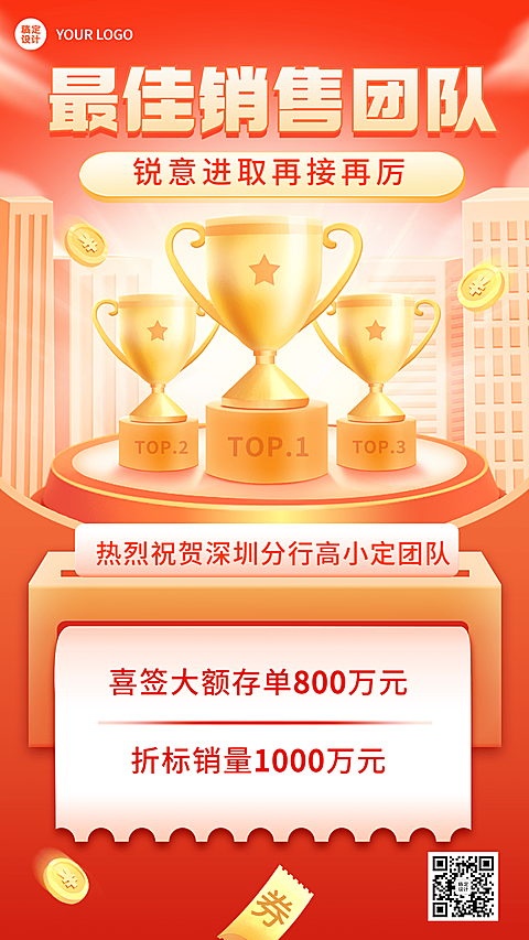 金融保险最佳销售团队表彰喜报2.5D喜庆手机海报