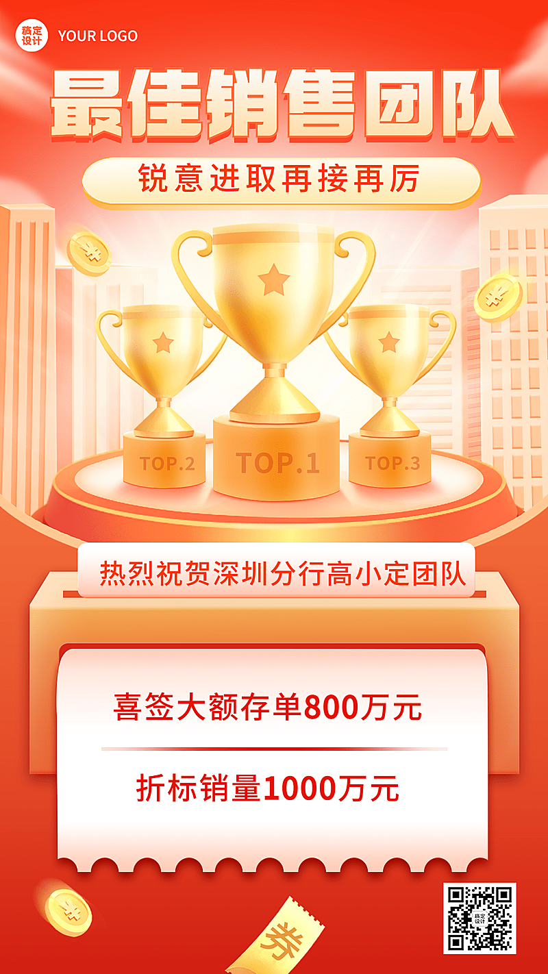 金融保险最佳销售团队表彰喜报2.5D喜庆手机海报