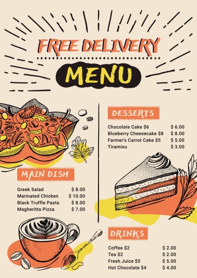 Retro Style Color Block Element Cartoon Fast Food Display Menu