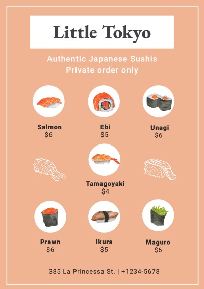 Minimalist Style Hand Painted Sushi Rectangle Element Japanese Restaurant Menu