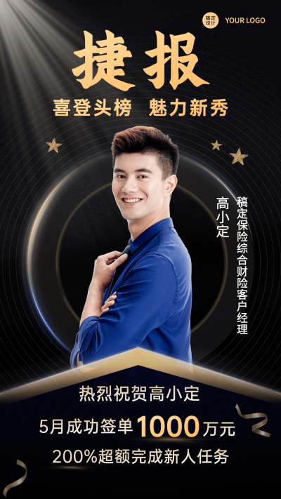 金融保险业绩表彰喜报贺报黑金风人物海报