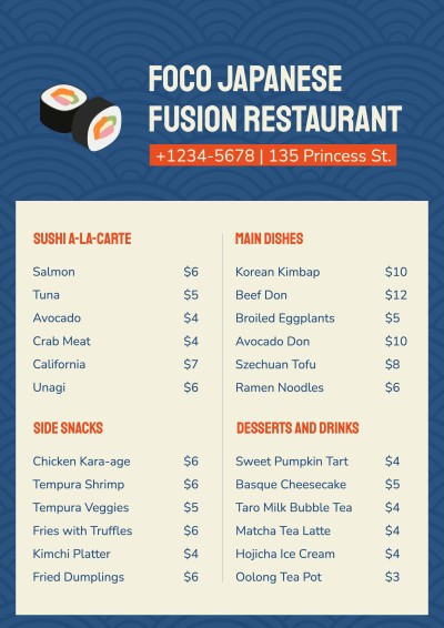 apanese Restaurant Sushi Menu