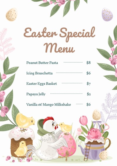 Hand Painted Style Animals Easter Dessert Bakery Shop Pastry Menu