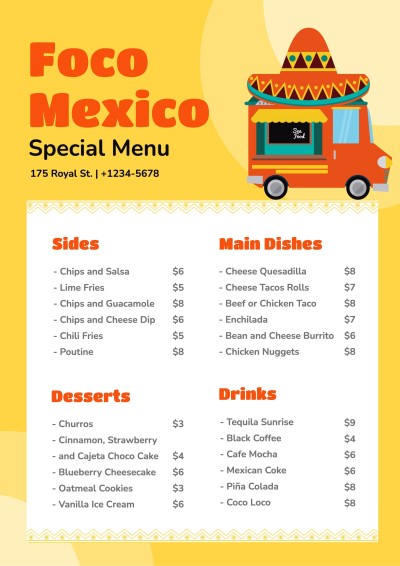 Creative Cartoon Car Element Mexican Cuisine Restaurant Food Menu