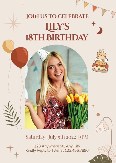 Simple Hand Painted Ballon Pattern Smile Girl Birthday Invitation letter
