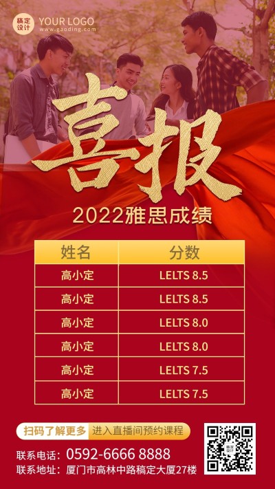 托福雅思成绩表格式红金喜报