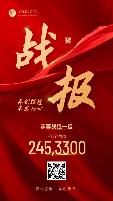 金融保险销售业绩表彰战报喜报红金喜庆风手机海报预览效果