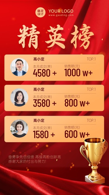 喜庆丝绸奖杯喜报精英排行榜预览效果