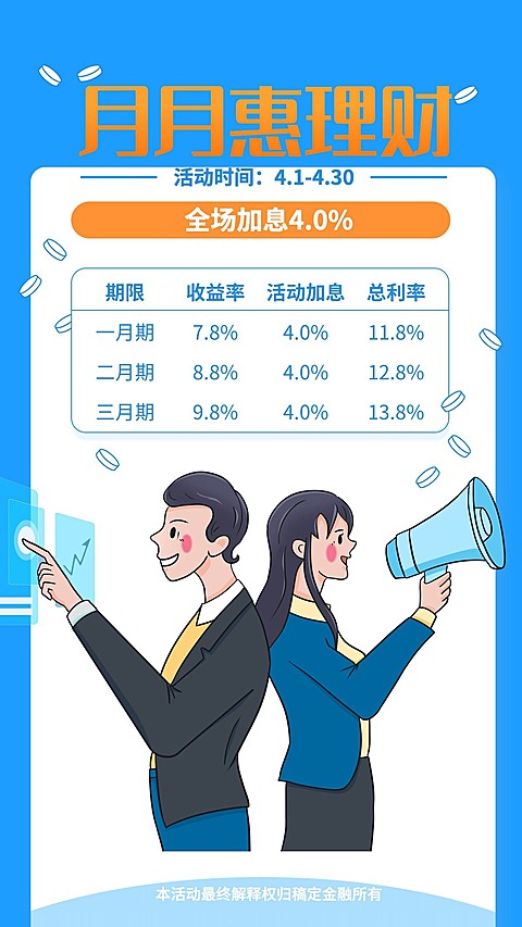 金融保险四月惠理财加息活动表格手绘海报
