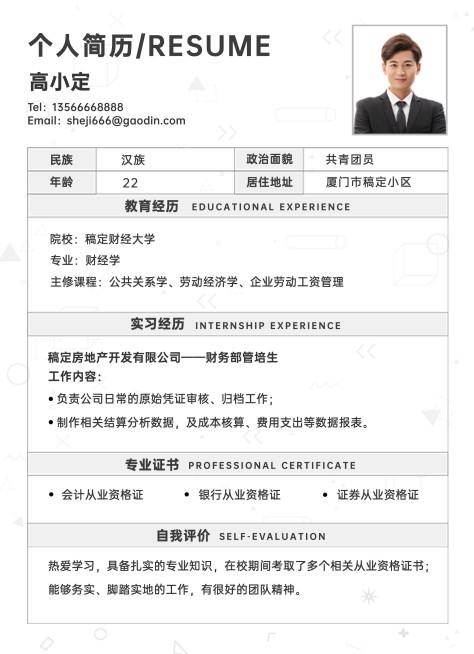 财务会计实习生极简风求职简历预览效果