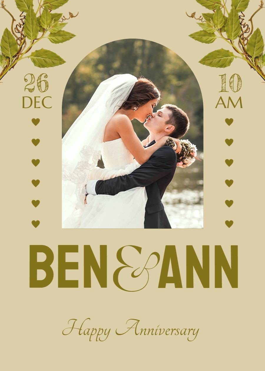 Literary Fresh Style Green Leaf Frame Wedding anniversary Greeting Card