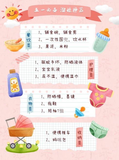 可爱卡通手绘五一劳动节出游必备宝宝好物推荐小红书封面配图预览效果