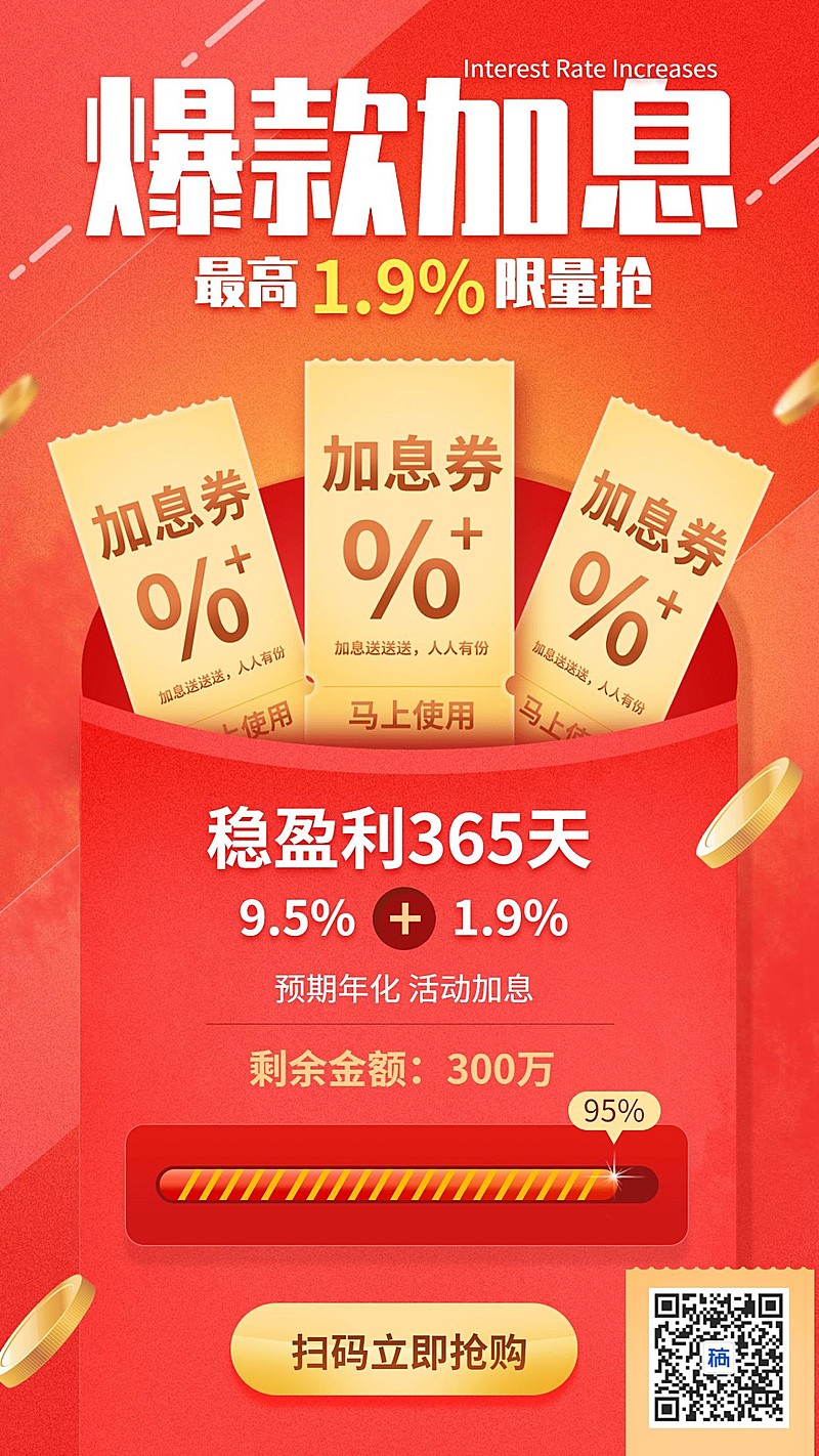 金融保险爆款加息优惠券红包产品营销海报