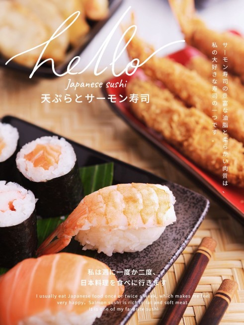 探店美食寿司海报简约风plog模板预览效果