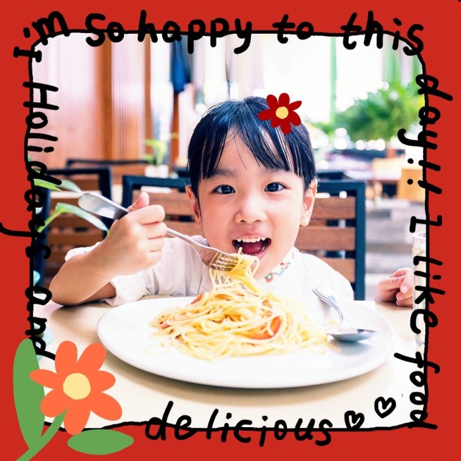 涂鸦小孩美食食物意面可爱风plog模板预览效果