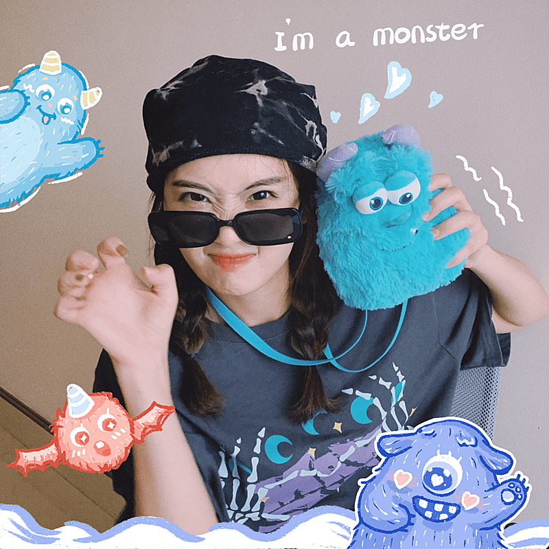 人物照片涂鸦手绘小怪兽自拍晒照plog模板