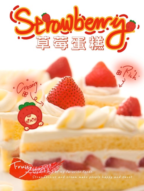 食物草莓蛋糕甜点手绘晒美食可爱风plog模板预览效果