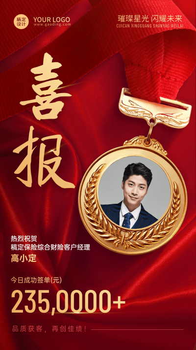 金融保险销售业绩表彰喜报贺报红金喜庆风人物海报