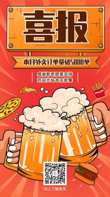 餐饮美食外卖订单喜报手绘手机海报预览效果