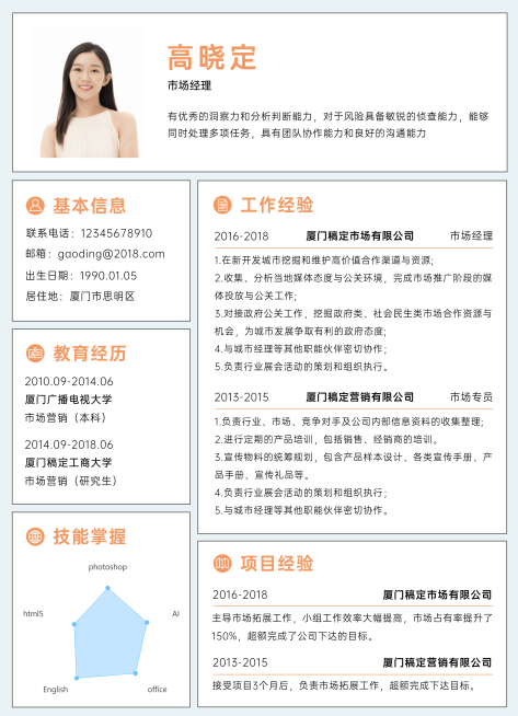 简约图表市场策划岗社会招聘求职简历预览效果