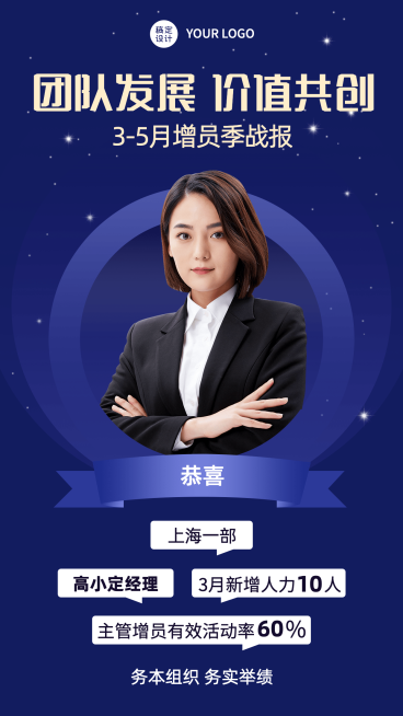 金融保险招聘增员表彰业绩喜报人物蓝金风海报预览效果