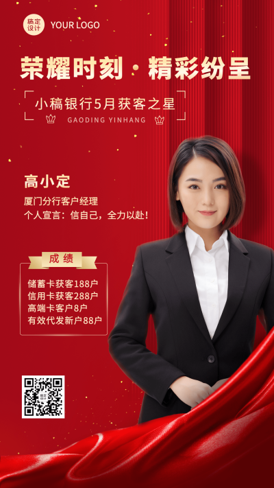 金融保险银行获客表彰喜报业绩展示喜庆人物海报
