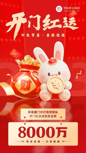 春节金融保险兔年新年开门红贷款表彰业绩喜报喜庆中国风手机海报