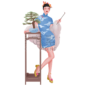 手绘-民国风旗袍女性人物插画贴纸4