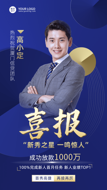 金融保险贷款业绩表彰喜报人物蓝金商务风手机海报预览效果
