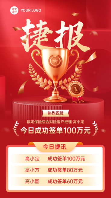 金融保险业绩表彰喜报排行榜红金风喜庆海报预览效果