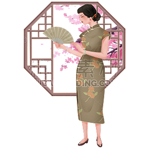 手绘-民国风旗袍女性人物插画贴纸1