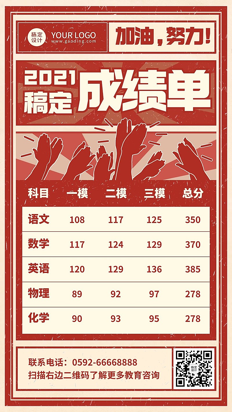 期末考试各科成绩单简约竖版海报