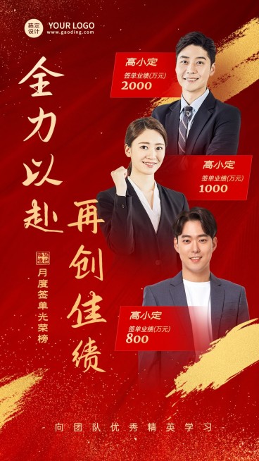 微商月度签单业绩表彰排行榜喜报多人手机海报预览效果
