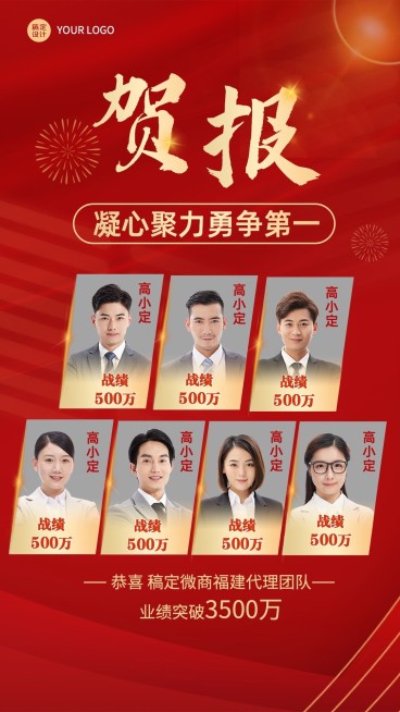 微商代理团队多人表彰业绩喜报贺报喜庆手机海报预览效果