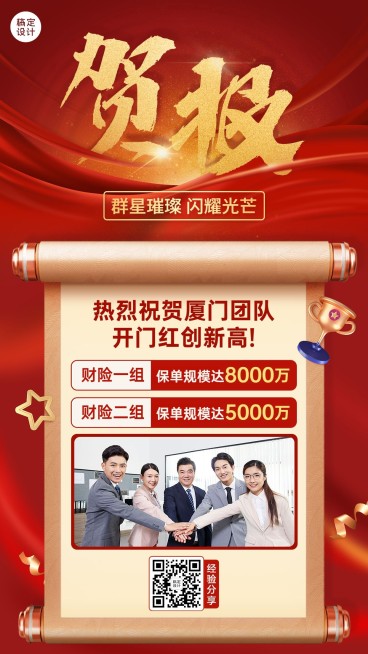 金融保险开门红团队业绩表彰贺报喜报喜庆手机海报预览效果
