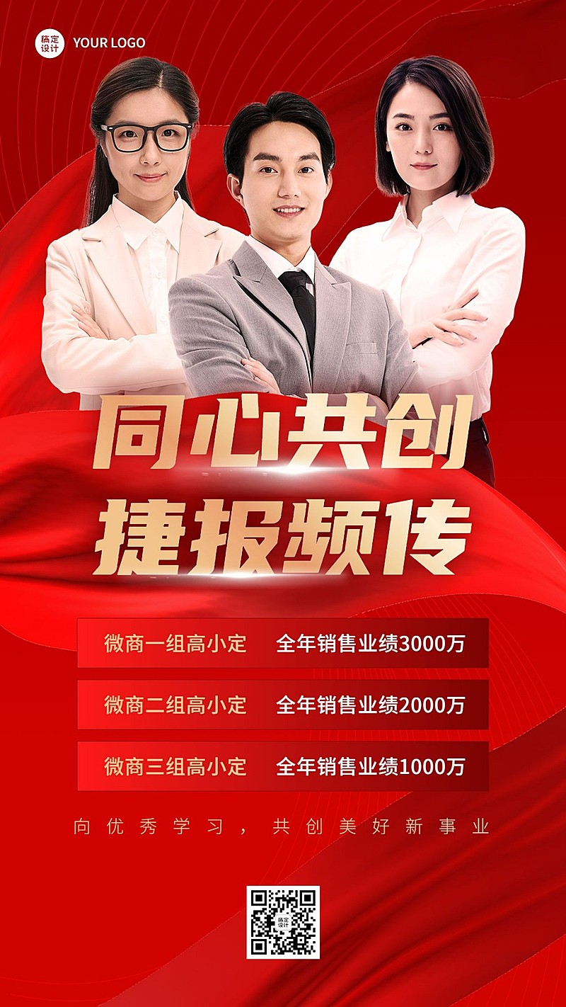 微商年终销售表彰喜报多人物手机海报