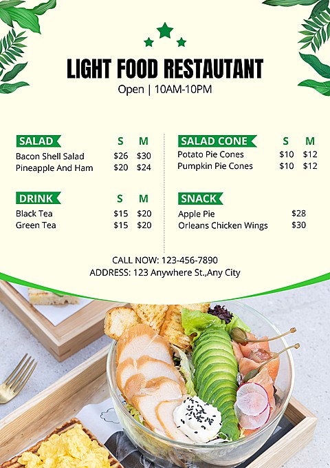 Healthy Light Food Restaurant Dinning Salad Bar Menu