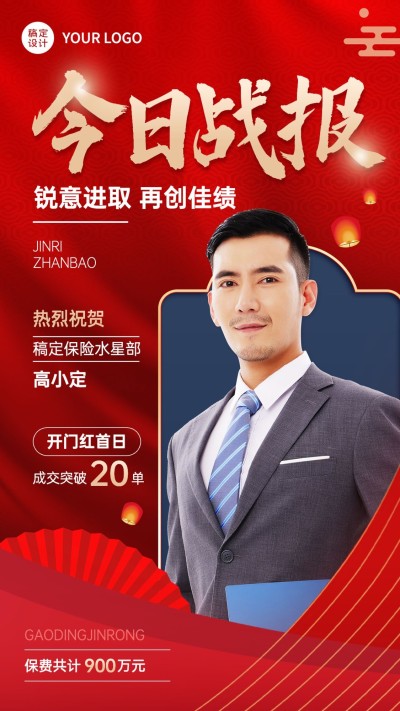金融保险开门红销售业绩表彰战报喜报人物喜庆手机海报