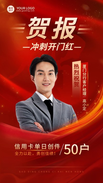 金融银行开门红人物业绩表彰喜报喜庆手机海报