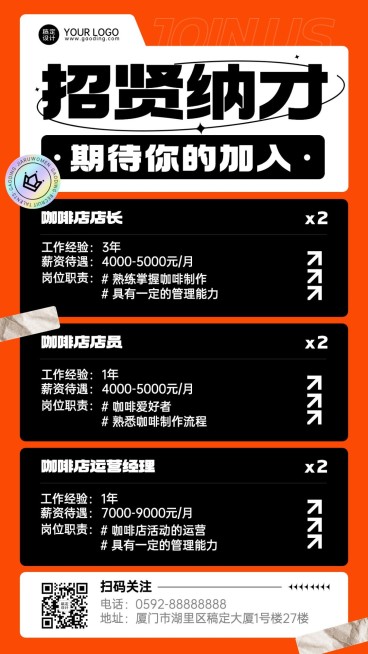 餐饮咖啡店招聘招募手机海报预览效果