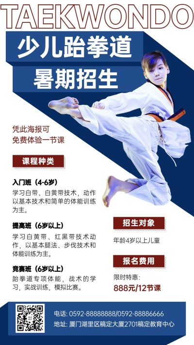 少儿跆拳道武术暑假招生促销海报