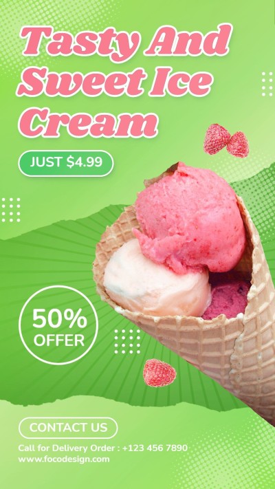 Green Background Ice Cream Consumer Packaged Food and Groceries Discount Sale Promo Ecommerce Story