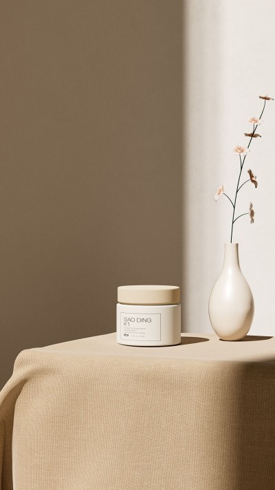 Beige Color Themed Beauty Facial Cream Product on A Desk with A Vase Decoration Ecommerce Story