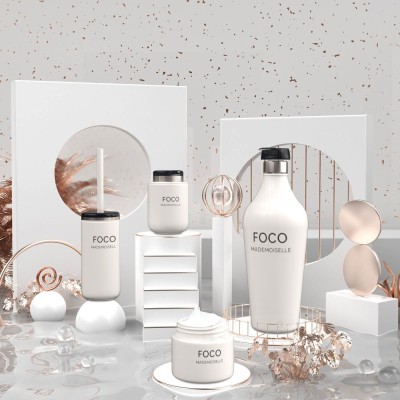 Beige Colored Beauty Products on Various Sized Product Stands Ecommerce Product Image