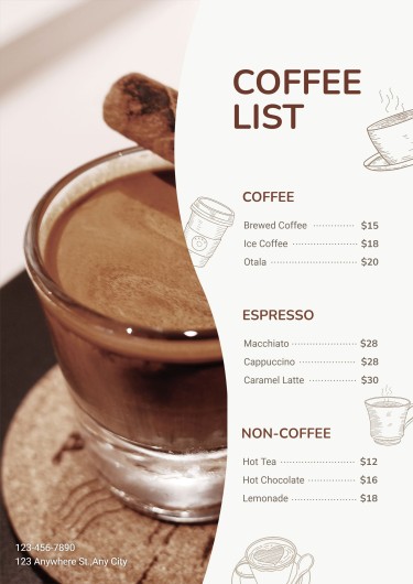 Simple Hand Painted Coffee Drinks List Menu