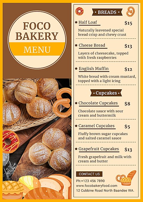 Simple Hand Painted Bread Pattern Bakery Shop Pastry and Dessert Menu